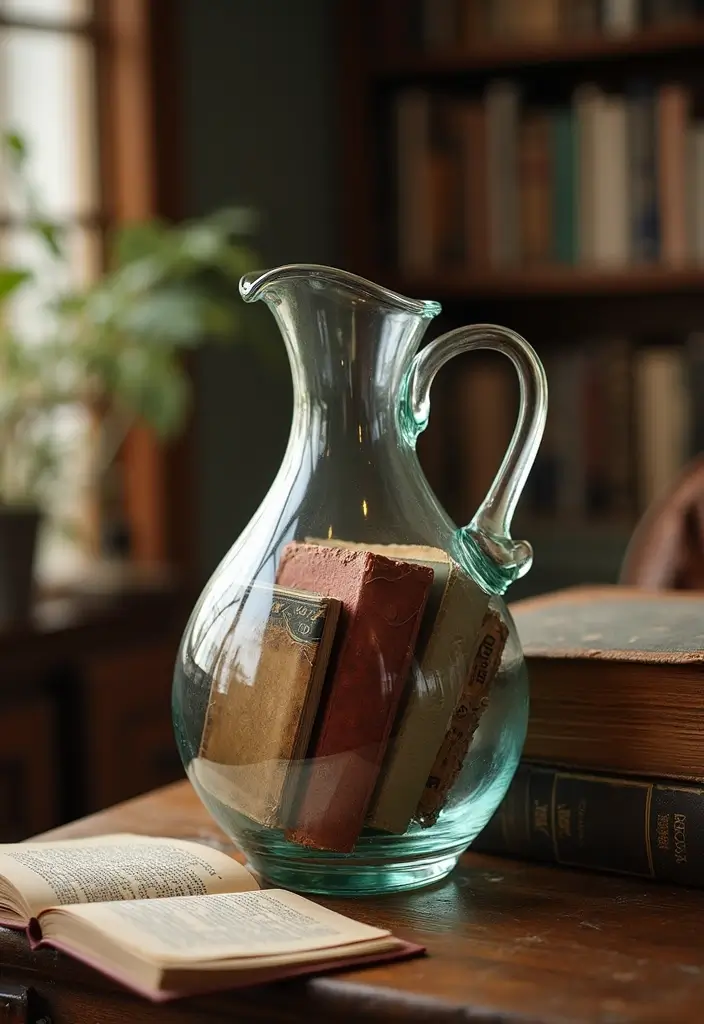25 Big Glass Jug Decor Ideas for Farmhouse and Vintage Homes 27 25 Big Glass Jug Decor Ideas for Farmhouse and Vintage Homes - 13. Vintage Book Display