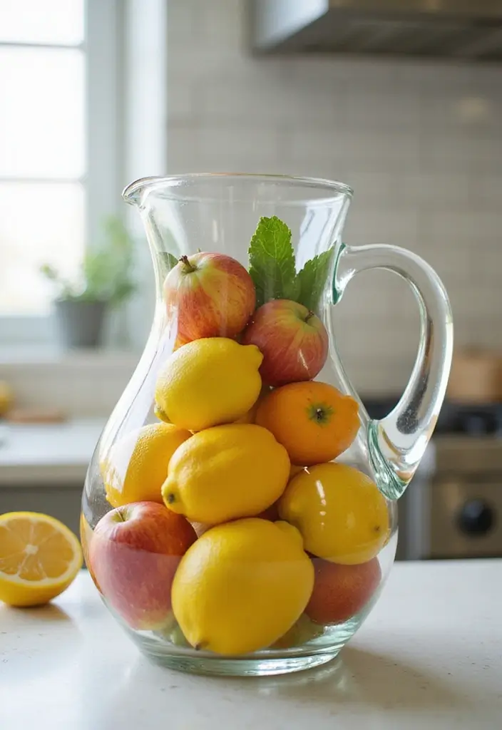 25 Big Glass Jug Decor Ideas for Farmhouse and Vintage Homes 33 25 Big Glass Jug Decor Ideas for Farmhouse and Vintage Homes - 15. Colorful Fruit Holder