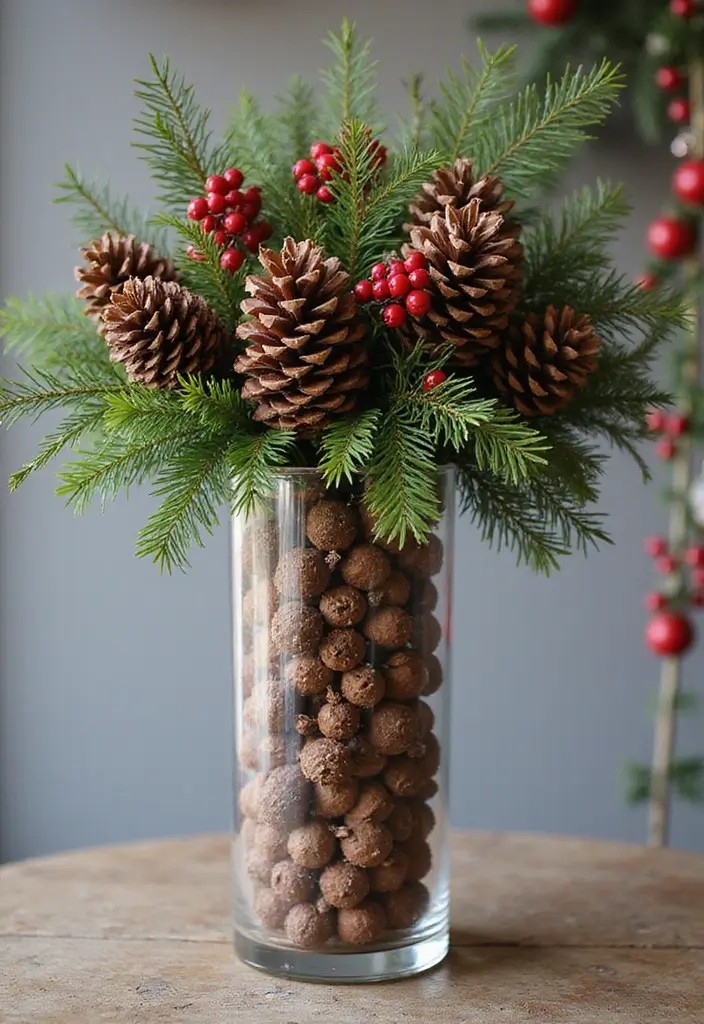 25 Christmas Glass Vase Decor Ideas for Festive Homes - 1. Rustic Pinecone and Berry Arrangement