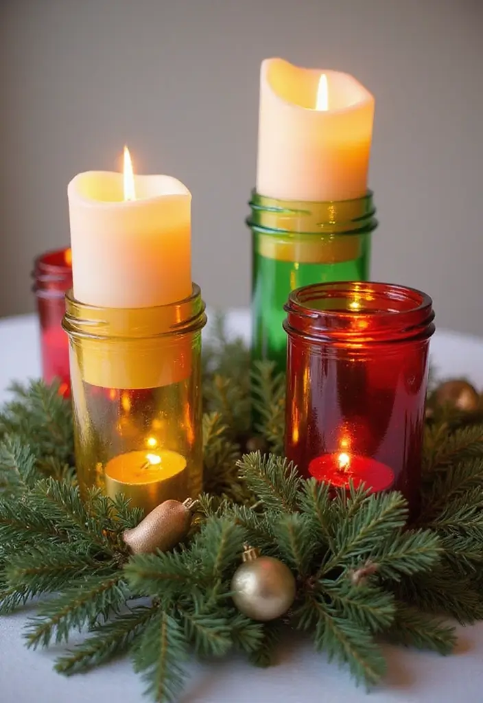 25 Christmas Glass Vase Decor Ideas for Festive Homes - 10. Colorful Candle Holders