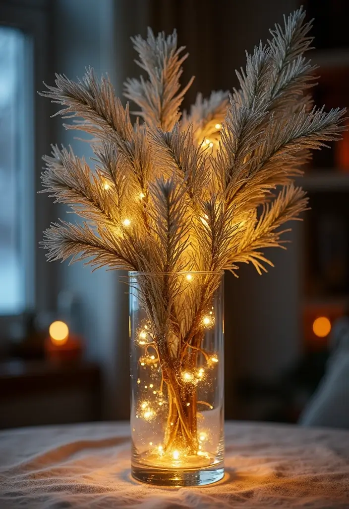 25 Christmas Glass Vase Decor Ideas for Festive Homes - 20. Frosted Pine Branch Vases