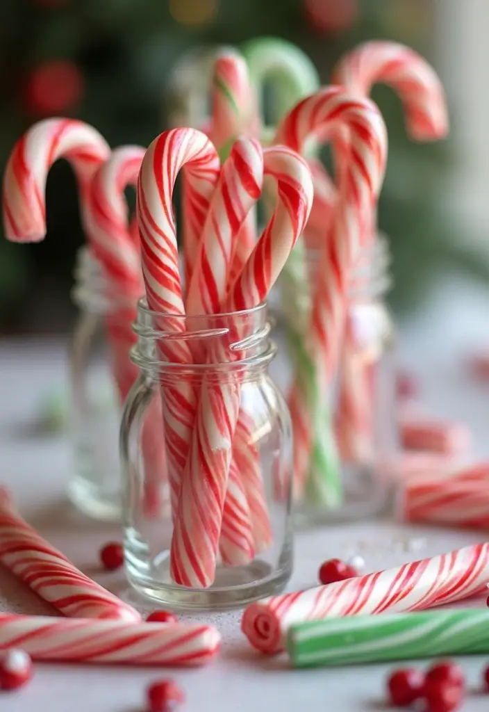 25 Christmas Glass Vase Decor Ideas for Festive Homes - 21. Mini Glass Vases with Candy Canes