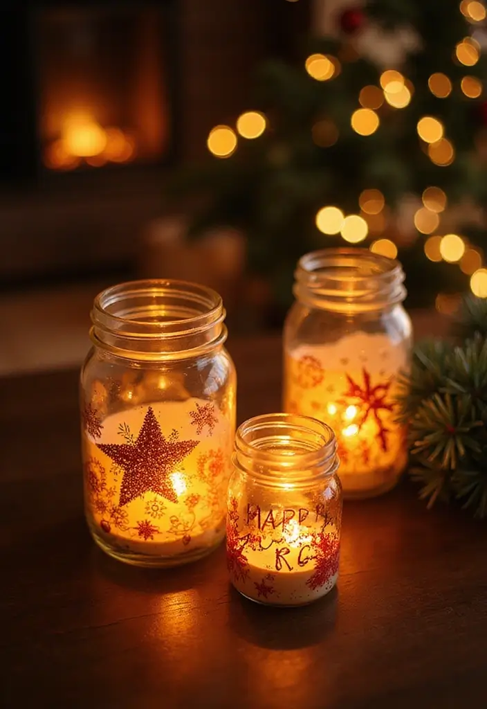 25 Christmas Glass Vase Decor Ideas for Festive Homes - 22. Holiday-Themed Glass Jar Luminaries