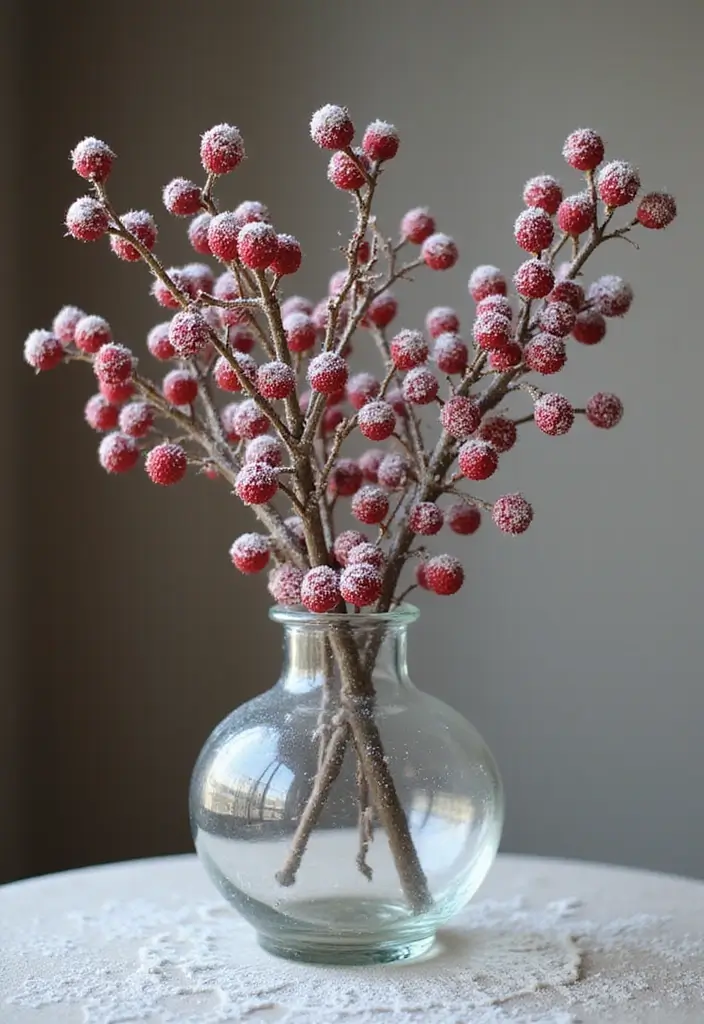 25 Christmas Glass Vase Decor Ideas for Festive Homes - 23. Frosted Berry Arrangement