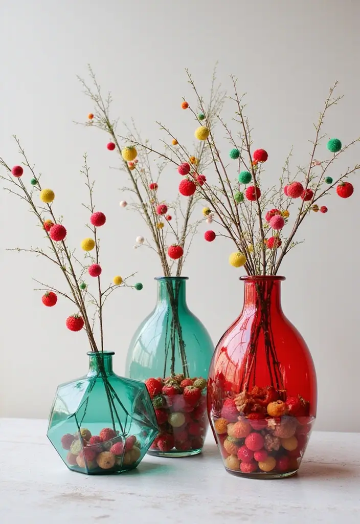 25 Christmas Glass Vase Decor Ideas for Festive Homes - 25. Bright and Bold Geometric Vases