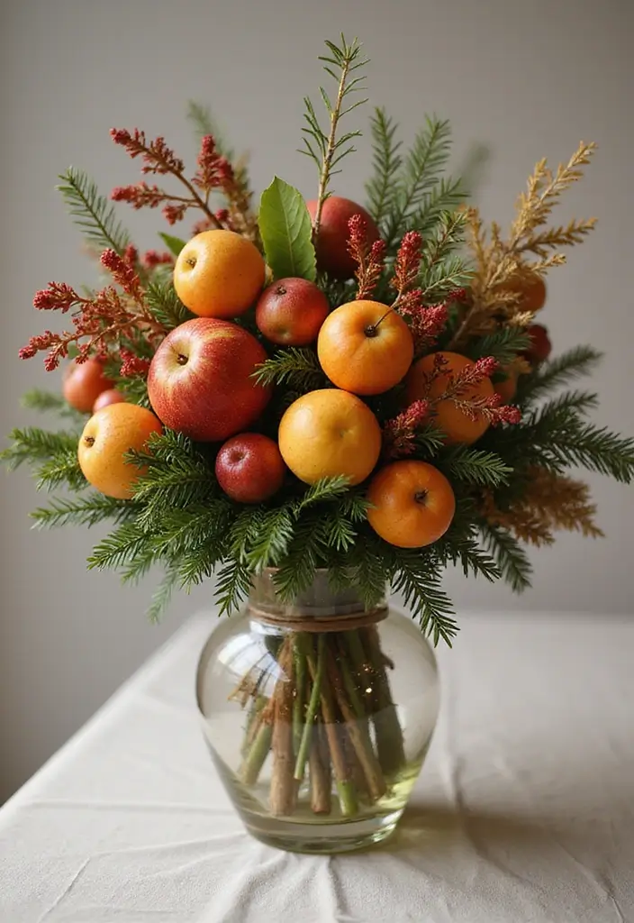 25 Christmas Glass Vase Decor Ideas for Festive Homes - 8. Festive Fruit and Greenery Mix