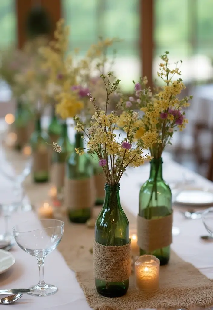 25 DIY Glass Bottle Wedding Decor Ideas That Guests Will Love - 1. Rustic Glass Bottle Centerpieces