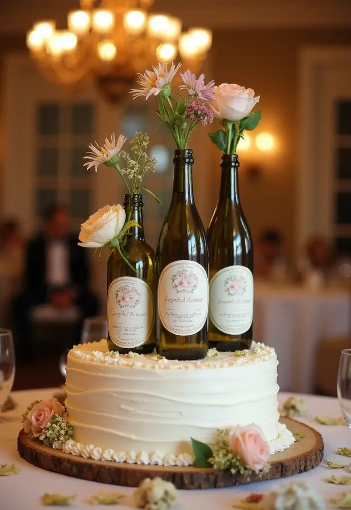 25 DIY Glass Bottle Wedding Decor Ideas That Guests Will Love - 16. Glass Bottle Cake Toppers