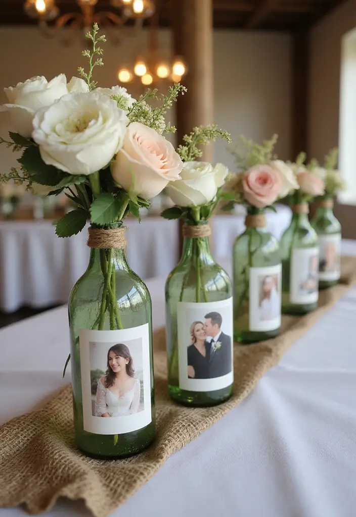 25 DIY Glass Bottle Wedding Decor Ideas That Guests Will Love - 19. Glass Bottle Photo Holders
