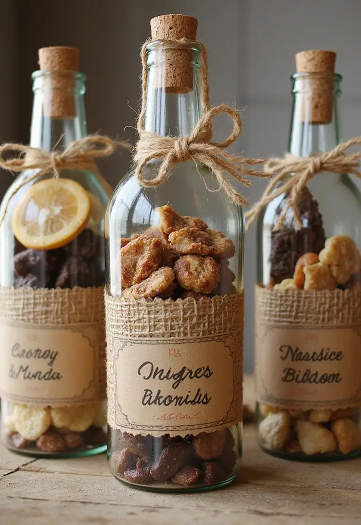 25 DIY Glass Bottle Wedding Decor Ideas That Guests Will Love - 23. Glass Bottle Gift Baskets