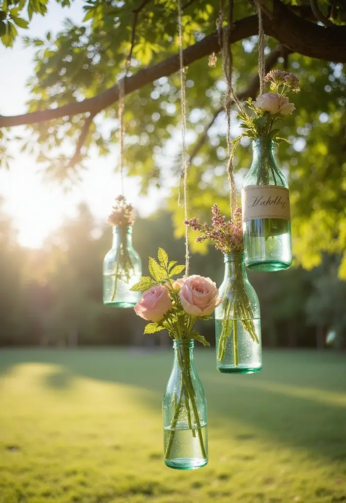 25 DIY Glass Bottle Wedding Decor Ideas That Guests Will Love - 3. Hanging Bottle Vases