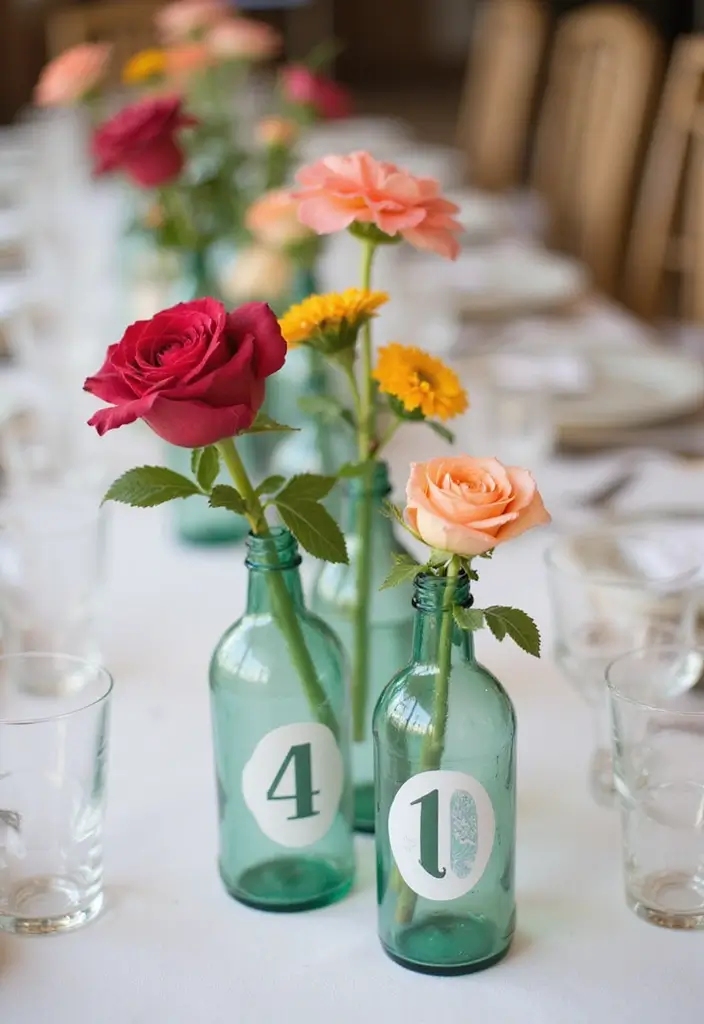 25 DIY Glass Bottle Wedding Decor Ideas That Guests Will Love - 4. Upcycled Glass Bottle Table Numbers