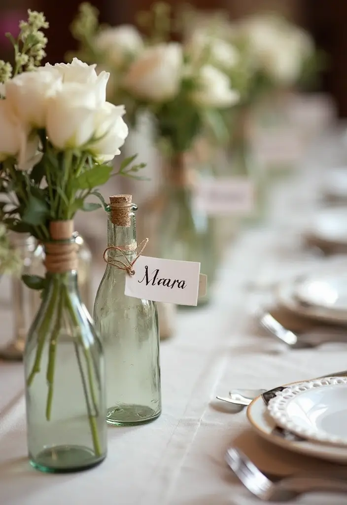 25 DIY Glass Bottle Wedding Decor Ideas That Guests Will Love - 9. Glass Bottle Place Card Holders