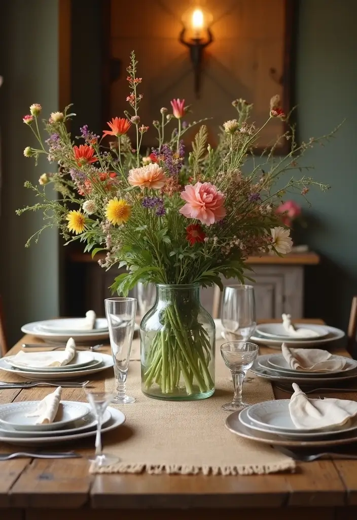 25 Farmhouse Decor Ideas Using Glass Jugs and Greenery 1 25 Farmhouse Decor Ideas Using Glass Jugs and Greenery - 1. Rustic Centerpiece with Seasonal Flowers