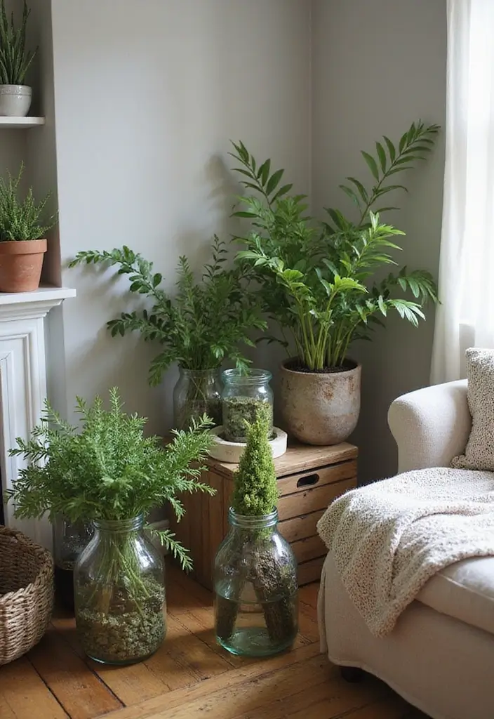 25 Farmhouse Decor Ideas Using Glass Jugs and Greenery 26 25 Farmhouse Decor Ideas Using Glass Jugs and Greenery - 10. Greenery Focal Point with Glass Jugs