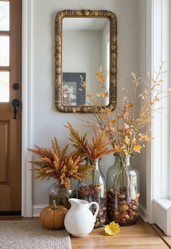 25 Farmhouse Decor Ideas Using Glass Jugs and Greenery 27 25 Farmhouse Decor Ideas Using Glass Jugs and Greenery - 11. Seasonal Glass Jug Decor