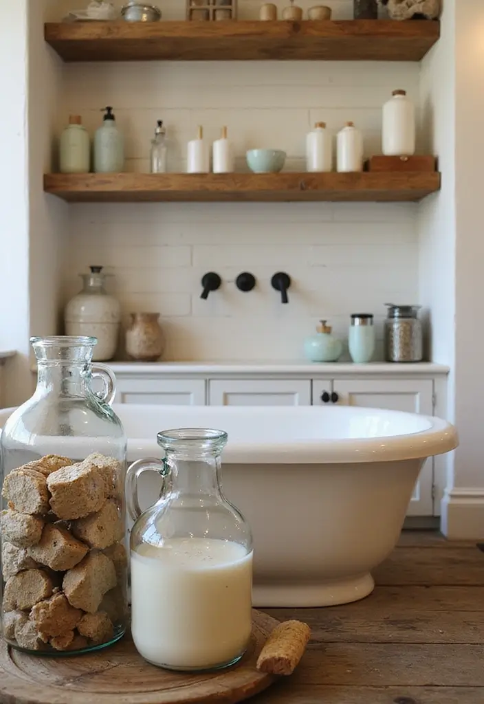 25 Farmhouse Decor Ideas Using Glass Jugs and Greenery 60 25 Farmhouse Decor Ideas Using Glass Jugs and Greenery - 18. Glass Jug Display in a Country Chic Bathroom