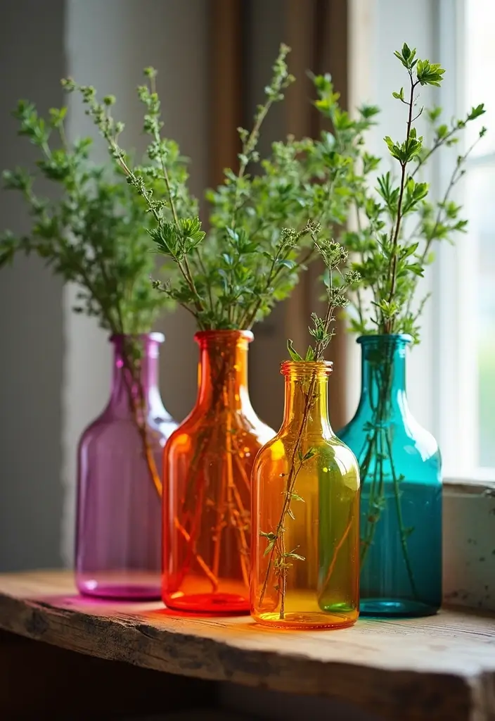 25 Farmhouse Decor Ideas Using Glass Jugs and Greenery 63 25 Farmhouse Decor Ideas Using Glass Jugs and Greenery - 19. Glass Jug Decor with Colorful Dyes
