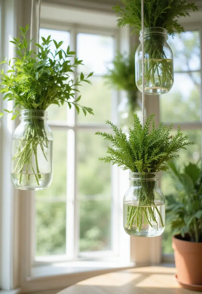 25 Farmhouse Decor Ideas Using Glass Jugs and Greenery 4 25 Farmhouse Decor Ideas Using Glass Jugs and Greenery - 2. Lush Greenery with Hanging Glass Jugs