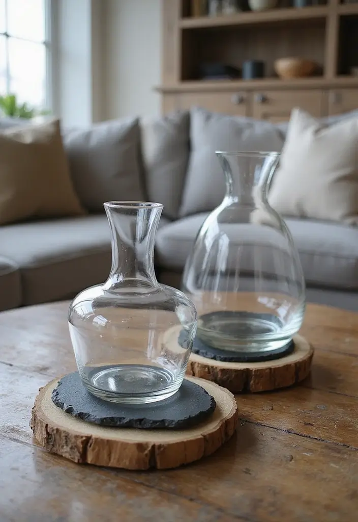 25 Farmhouse Decor Ideas Using Glass Jugs and Greenery 71 25 Farmhouse Decor Ideas Using Glass Jugs and Greenery - 21. Added Touch with Glass Jug Coasters