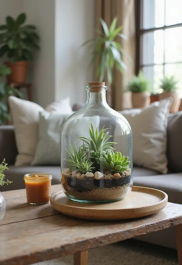 25 Farmhouse Decor Ideas Using Glass Jugs and Greenery 72 25 Farmhouse Decor Ideas Using Glass Jugs and Greenery - 22. Glass Jug Succulent Terrarium