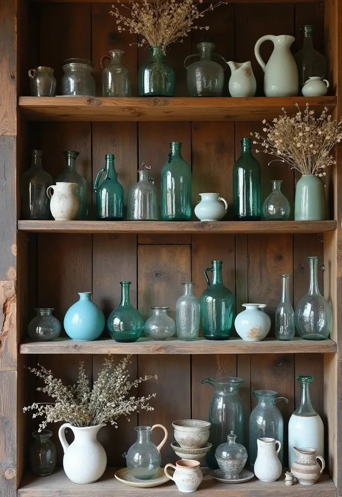25 Farmhouse Decor Ideas Using Glass Jugs and Greenery 5 25 Farmhouse Decor Ideas Using Glass Jugs and Greenery - 3. Vintage Glass Jug Collection