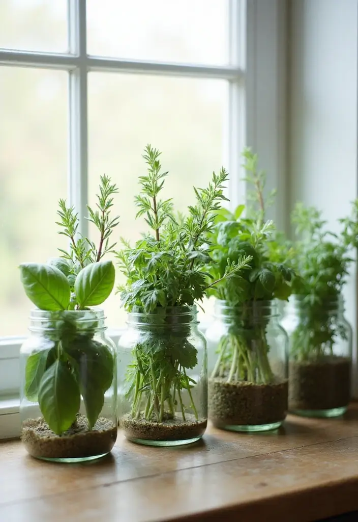 25 Farmhouse Decor Ideas Using Glass Jugs and Greenery 7 25 Farmhouse Decor Ideas Using Glass Jugs and Greenery - 5. Herb Garden in Glass Jugs