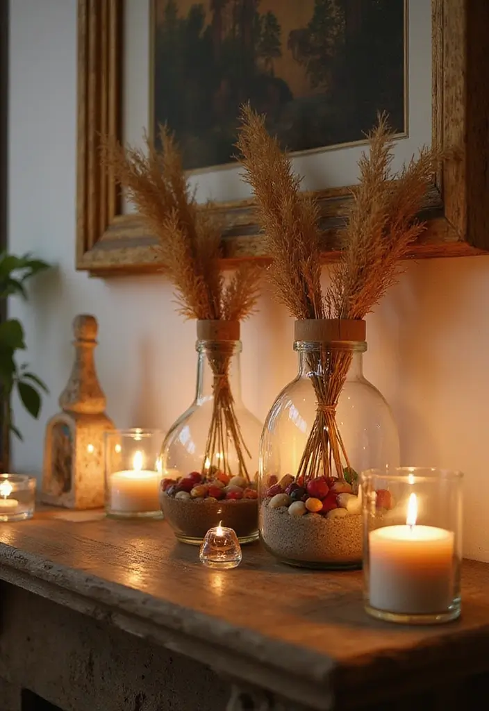 25 Farmhouse Decor Ideas Using Glass Jugs and Greenery 22 25 Farmhouse Decor Ideas Using Glass Jugs and Greenery - 8. Layered Glass Jugs with Natural Elements