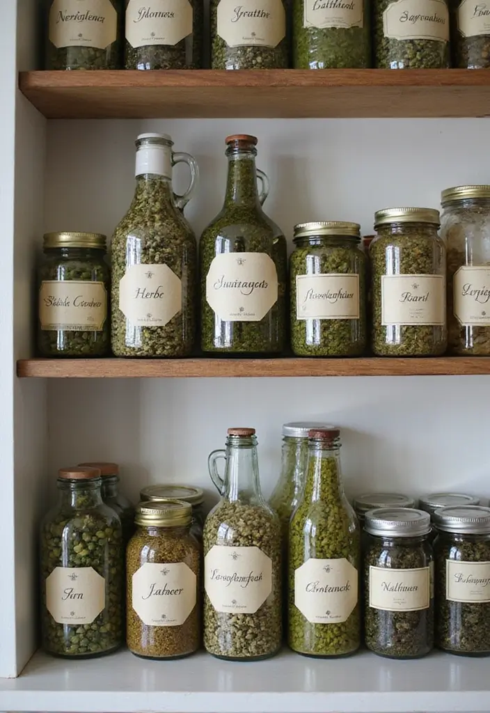 25 Farmhouse Decor Ideas Using Glass Jugs and Greenery 23 25 Farmhouse Decor Ideas Using Glass Jugs and Greenery - 9. Glass Jug Herb Preserves