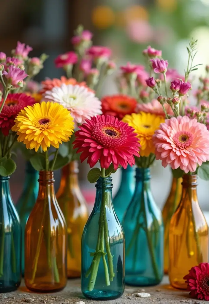 25 Glass Bottle Decor Ideas for Simple and Elegant Styling 76 25 Glass Bottle Decor Ideas for Simple and Elegant Styling - 16. Glass Bottle Flower Arrangements