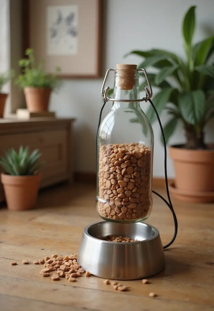 25 Glass Bottle Decor Ideas for Simple and Elegant Styling 77 25 Glass Bottle Decor Ideas for Simple and Elegant Styling - 17. Glass Bottle Pet Feeders