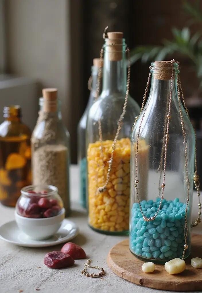 25 Glass Bottle Decor Ideas for Simple and Elegant Styling 81 25 Glass Bottle Decor Ideas for Simple and Elegant Styling - 21. Glass Bottle Jewelry Displays