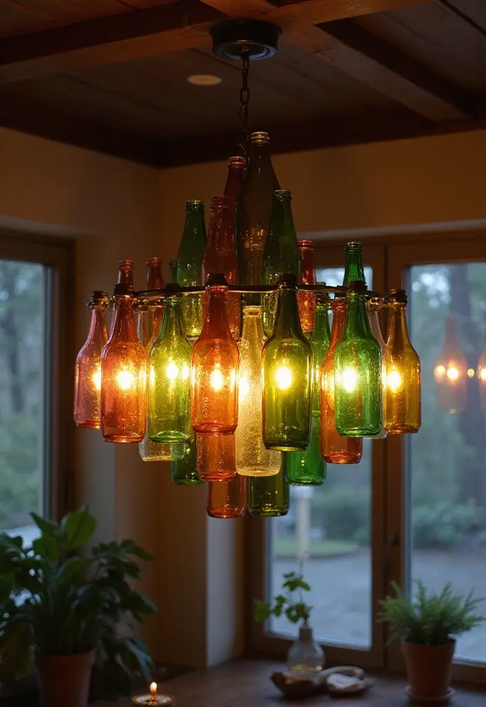 25 Glass Bottle Decor Ideas for Simple and Elegant Styling 22 25 Glass Bottle Decor Ideas for Simple and Elegant Styling - 4. Upcycled Glass Bottle Chandelier