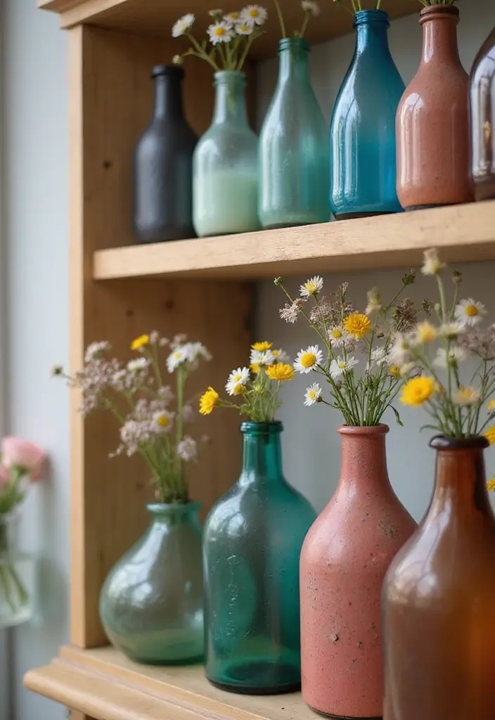 25 Glass Bottle Room Decor Ideas for a Soft Aesthetic Vibe 1 25 Glass Bottle Room Decor Ideas for a Soft Aesthetic Vibe - 1. Colorful Bottle Vases on a Shelf