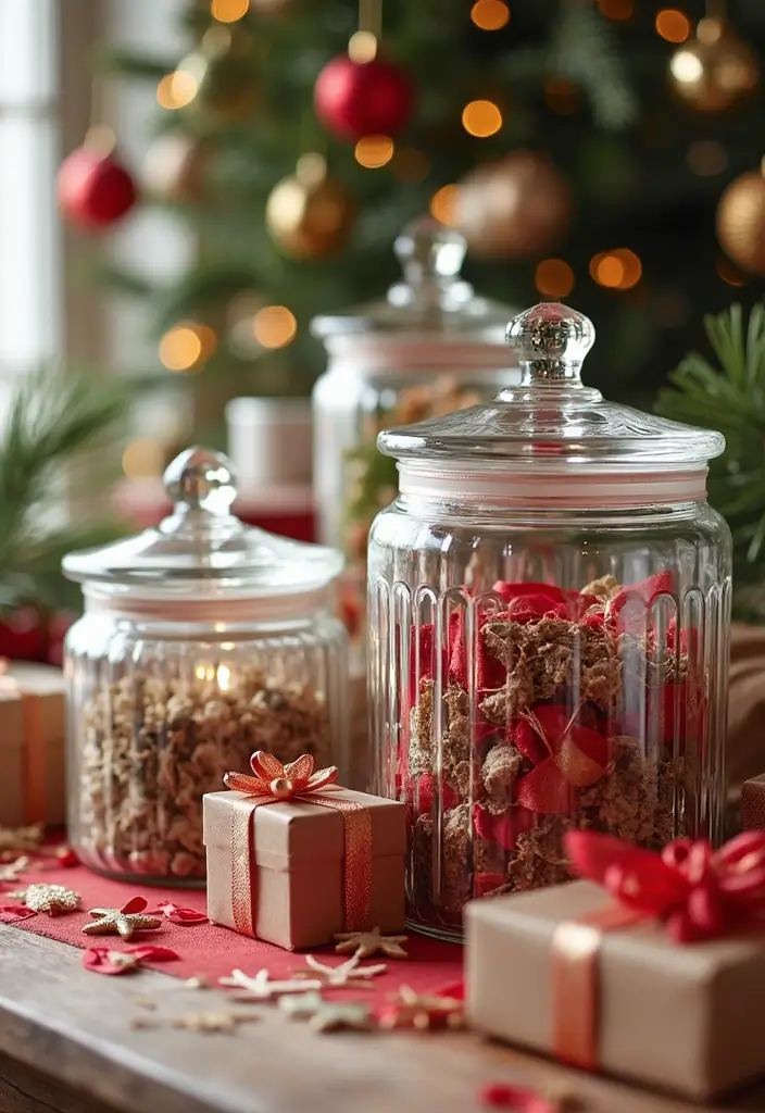 25 Glass Canister Christmas Decor Ideas for Holiday Cheer 73 25 Glass Canister Christmas Decor Ideas for Holiday Cheer - 25. Gift Wrapping Station
