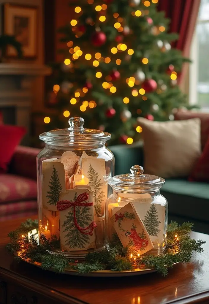 25 Glass Canister Christmas Decor Ideas for Holiday Cheer 23 25 Glass Canister Christmas Decor Ideas for Holiday Cheer - 7. Vintage Christmas Cards