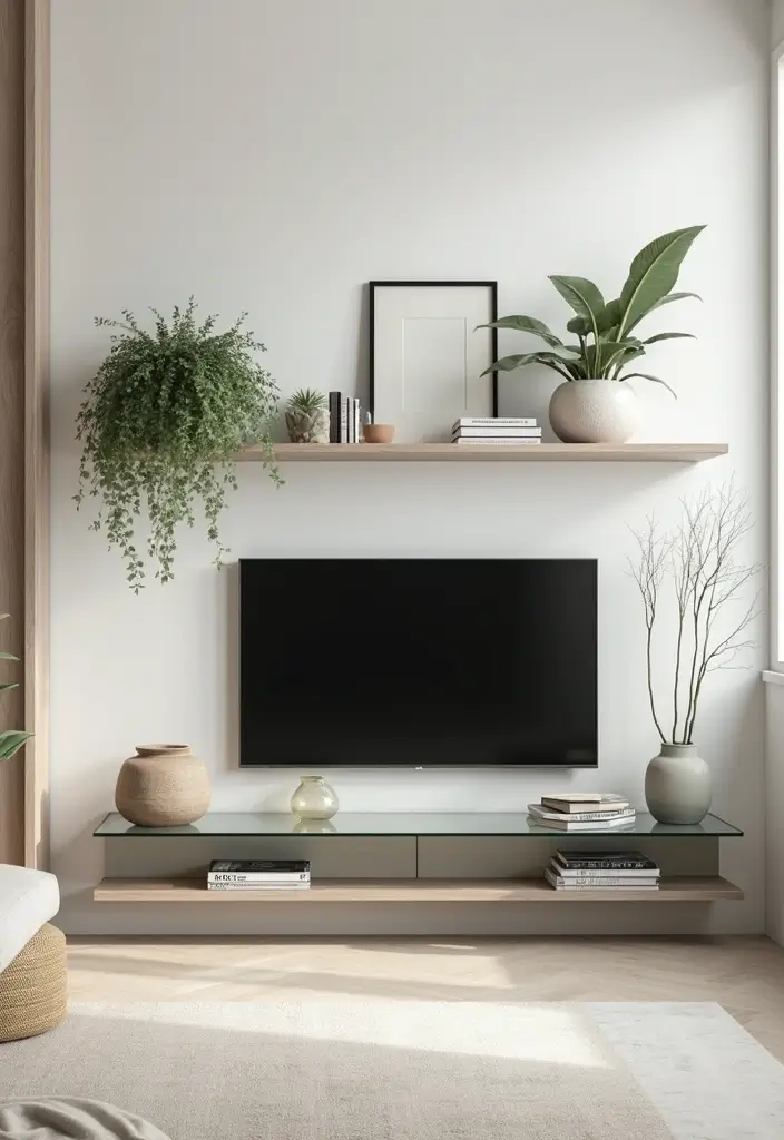25 Glass TV Stand Decor Ideas That Keep It Minimal and Elegant 1 25 Glass TV Stand Decor Ideas That Keep It Minimal and Elegant - 1. Floating Shelves Above the Stand