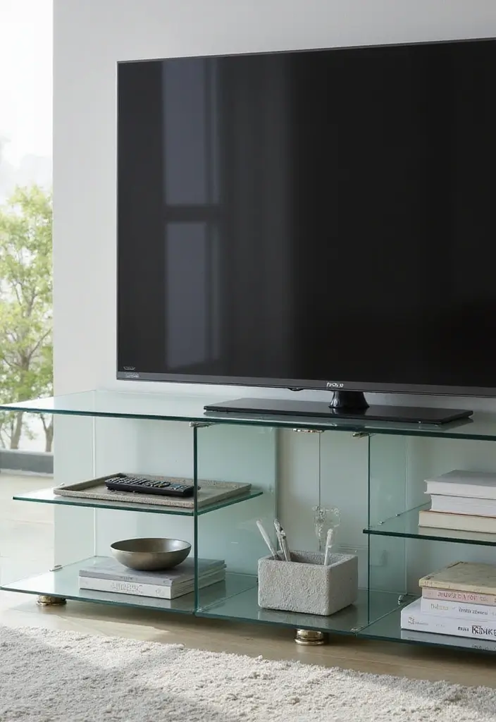 25 Glass TV Stand Decor Ideas That Keep It Minimal and Elegant 24 25 Glass TV Stand Decor Ideas That Keep It Minimal and Elegant - 10. Stylish Media Accessories