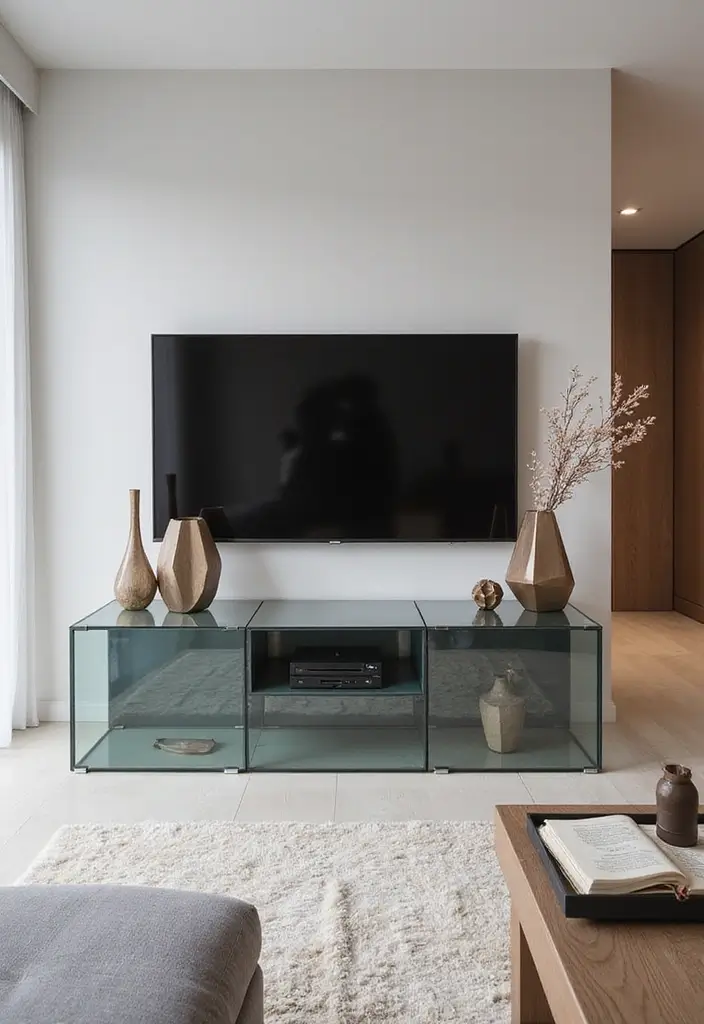 25 Glass TV Stand Decor Ideas That Keep It Minimal and Elegant 31 25 Glass TV Stand Decor Ideas That Keep It Minimal and Elegant - 11. Geometric Shapes