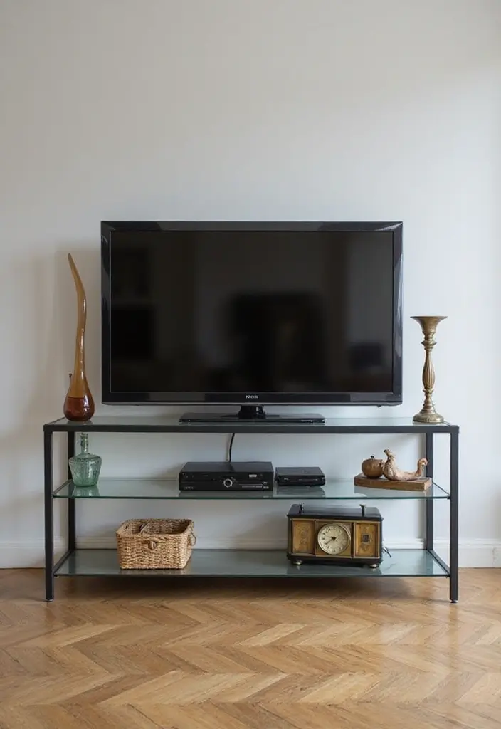 25 Glass TV Stand Decor Ideas That Keep It Minimal and Elegant 32 25 Glass TV Stand Decor Ideas That Keep It Minimal and Elegant - 12. Vintage Touches