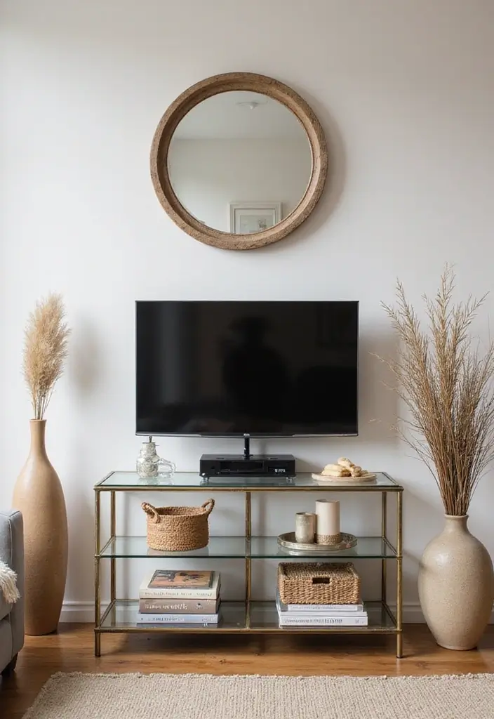 25 Glass TV Stand Decor Ideas That Keep It Minimal and Elegant 33 25 Glass TV Stand Decor Ideas That Keep It Minimal and Elegant - 13. Incorporating Soft Curves
