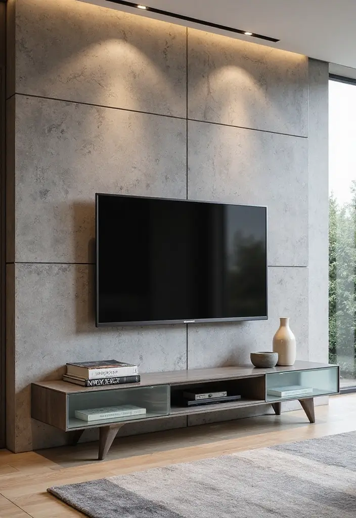 25 Glass TV Stand Decor Ideas That Keep It Minimal and Elegant 34 25 Glass TV Stand Decor Ideas That Keep It Minimal and Elegant - 14. Textured Wall Panels