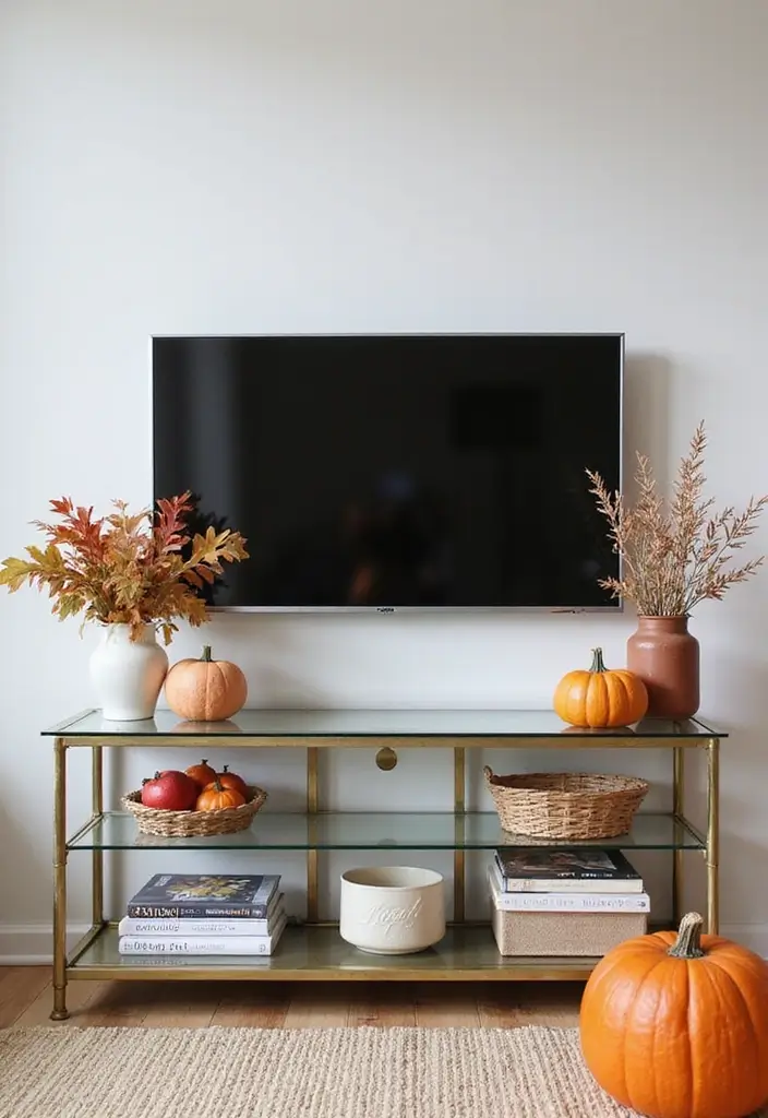 25 Glass TV Stand Decor Ideas That Keep It Minimal and Elegant 41 25 Glass TV Stand Decor Ideas That Keep It Minimal and Elegant - 15. Seasonal Decor Changes