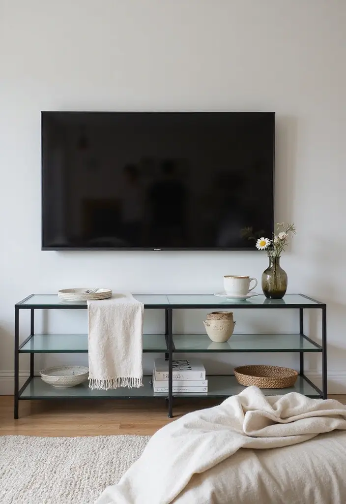 25 Glass TV Stand Decor Ideas That Keep It Minimal and Elegant 48 25 Glass TV Stand Decor Ideas That Keep It Minimal and Elegant - 16. Understated Textiles