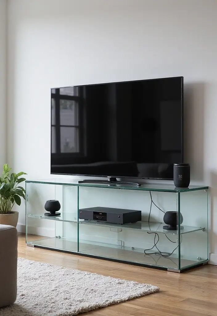 25 Glass TV Stand Decor Ideas That Keep It Minimal and Elegant 55 25 Glass TV Stand Decor Ideas That Keep It Minimal and Elegant - 17. Smart Tech Integration