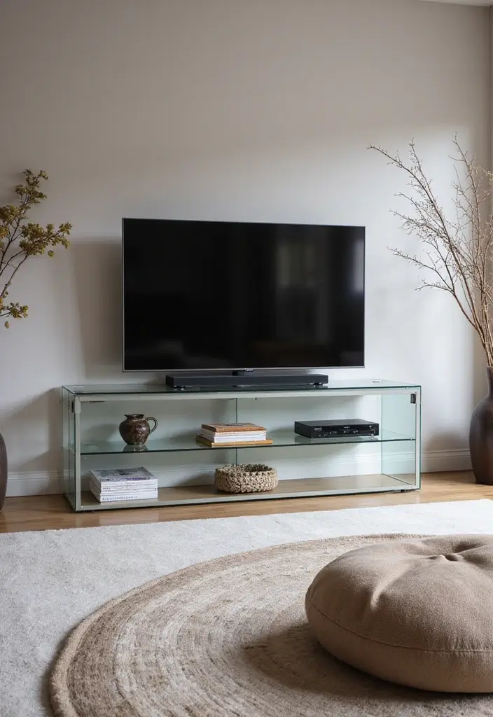 25 Glass TV Stand Decor Ideas That Keep It Minimal and Elegant 59 25 Glass TV Stand Decor Ideas That Keep It Minimal and Elegant - 19. Minimalist Entertainment Center