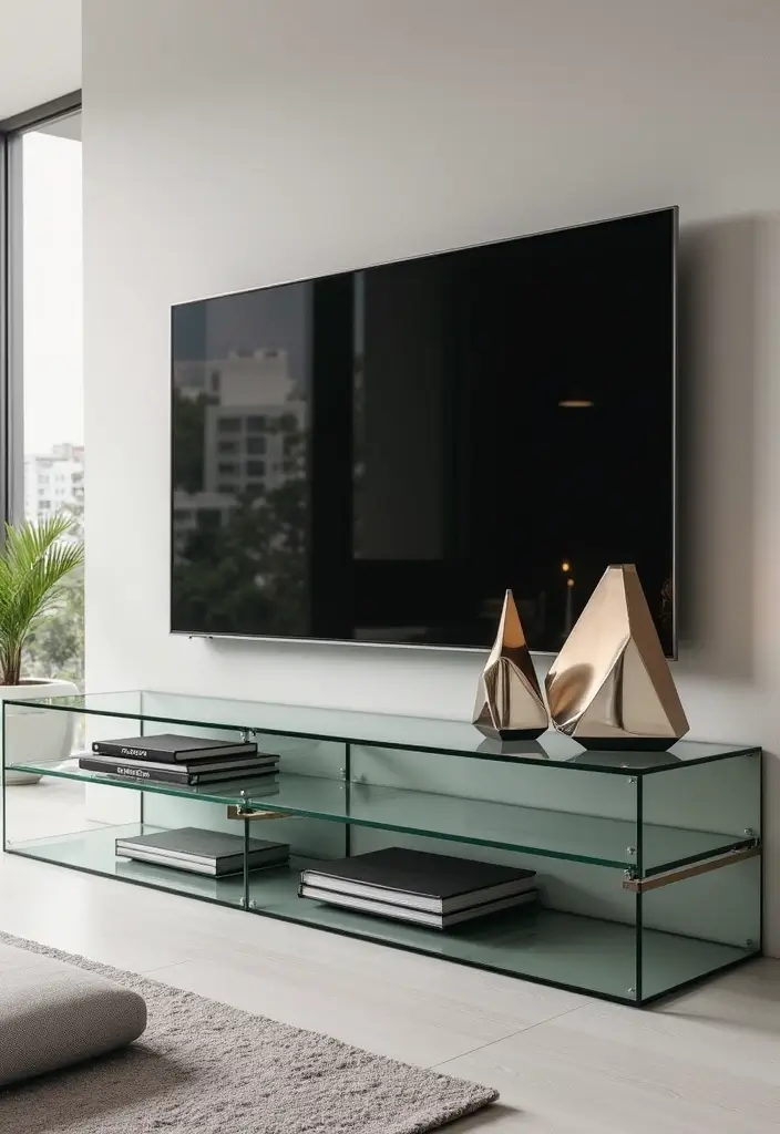 25 Glass TV Stand Decor Ideas That Keep It Minimal and Elegant 2 25 Glass TV Stand Decor Ideas That Keep It Minimal and Elegant - 2. Low-Profile Accessories