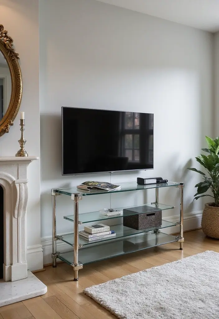 25 Glass TV Stand Decor Ideas That Keep It Minimal and Elegant 60 25 Glass TV Stand Decor Ideas That Keep It Minimal and Elegant - 20. Reflective Surfaces