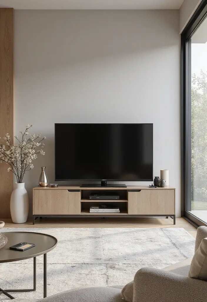 25 Glass TV Stand Decor Ideas That Keep It Minimal and Elegant 62 25 Glass TV Stand Decor Ideas That Keep It Minimal and Elegant - 22. Neutral Color Palette