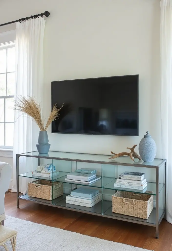 25 Glass TV Stand Decor Ideas That Keep It Minimal and Elegant 63 25 Glass TV Stand Decor Ideas That Keep It Minimal and Elegant - 23. Nautical Elements